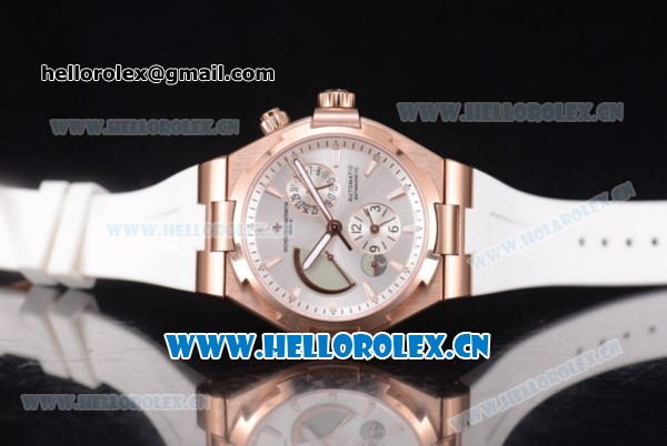 Vacheron Constantin Overseas Dual Time Asia ST30 Automatic Rose Gold Case with Silver Dial Stick Markers and White Rubber Strap - Click Image to Close